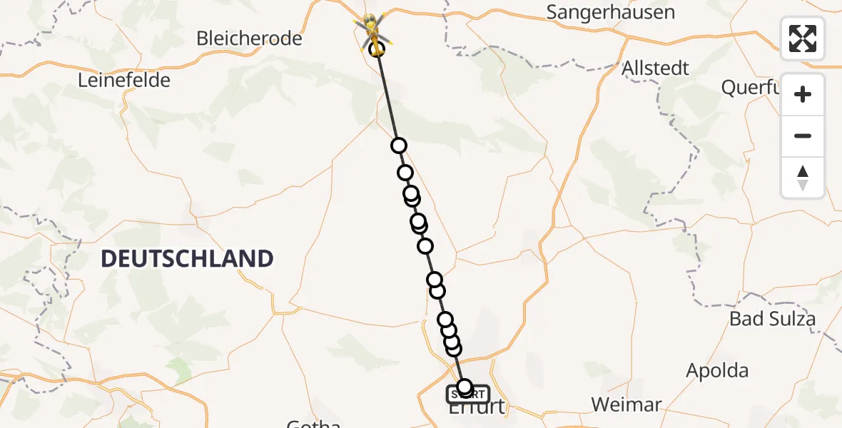 Flugroute Rettungshubschrauber Helios Clinic Erfurt - Heringen/Helme, 12 Mai 2026, 18:35