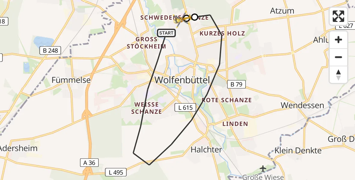 Flugroute Rettungshubschrauber Wolfenbüttel - Wolfenbüttel Municipal Hospital Heliport (Christoph 30), 12 Mai 2026, 18:40