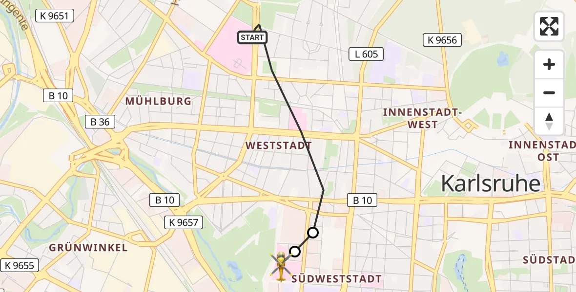 Flugroute Rettungshubschrauber Karlsruhe - Sankt Vincentius Hospital, 12 Mai 2026, 18:51