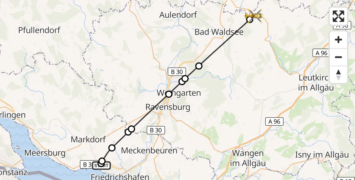 Flugroute Rettungshubschrauber Friedrichshafen Hospital - Bad Wurzach, 12 Mai 2026, 18:52