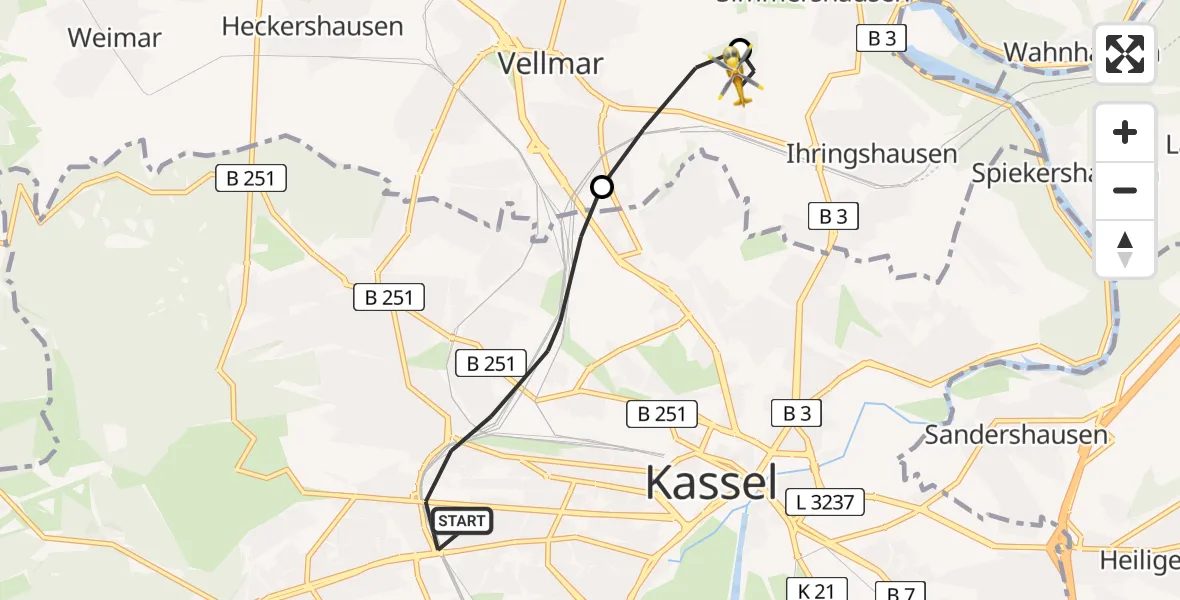 Flugroute Rettungshubschrauber Kassel - Fuldatal Bundespolizei Hubschrauberlandeplatz, 12 Mai 2026, 19:01