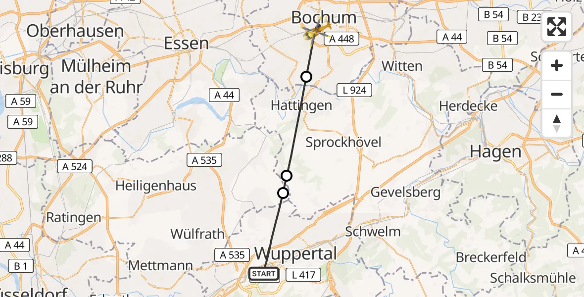 Flugroute Rettungshubschrauber Wuppertal - Bochum, 12 Mai 2026, 19:03