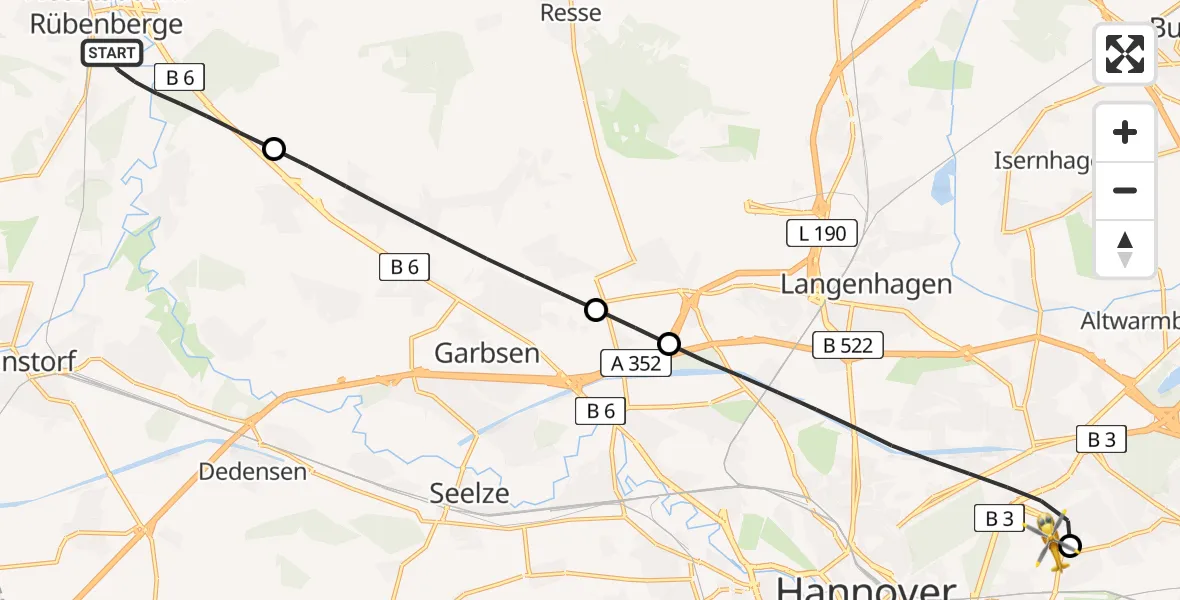 Flugroute Rettungshubschrauber Neustadt am Rübenberge - Hannover Luftrettung Hubschrauberlandeplatz (Christoph 4), 12 Mai 2026, 19:21