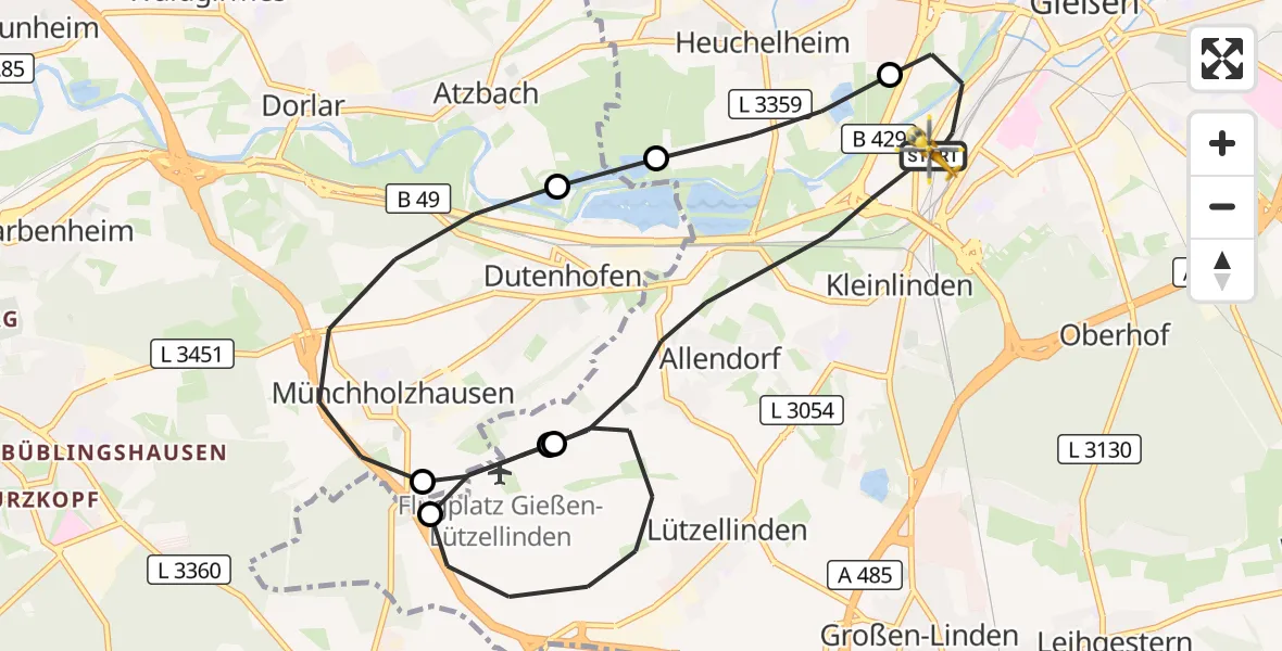 Flugroute Rettungshubschrauber Gießen - Gießen, 12 Mai 2026, 19:32