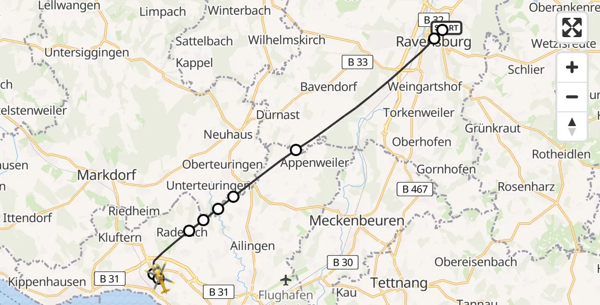 Flugroute Rettungshubschrauber Sankt Elisabeth Hospital - Friedrichshafen Hospital, 12 Mai 2026, 19:33