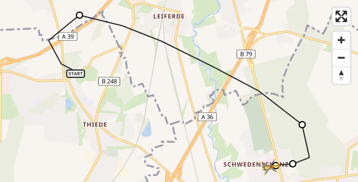 Flugroute Rettungshubschrauber Salzgitter - Wolfenbüttel Municipal Hospital Heliport (Christoph 30), 12 Mai 2026, 19:34