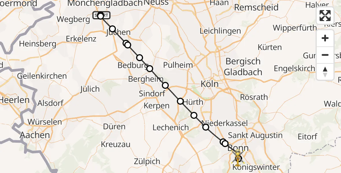 Flugroute Rettungshubschrauber Elisabeth Hospital Rheydt - Bonn University Hospital, 12 Mai 2026, 19:38