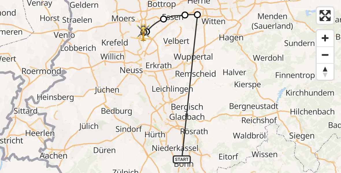 Flugroute Rettungshubschrauber Bonn - Duisburg Air Rescue Hubschrauberlandeplatz (Christoph 9), 12 Mai 2026, 19:59