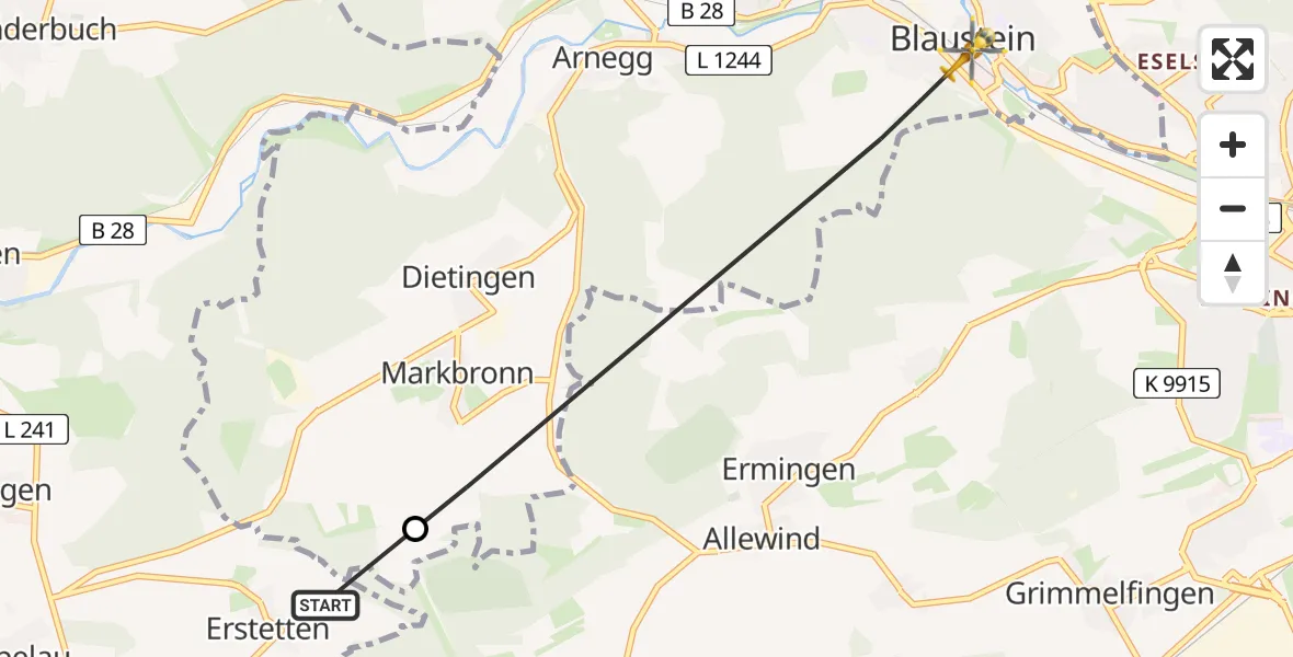 Flugroute Rettungshubschrauber Blaubeuren - Blaustein, 12 Mai 2026, 20:00