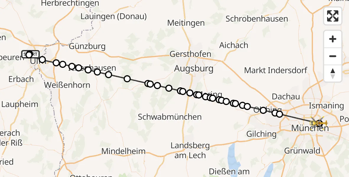 Flugroute Rettungshubschrauber Ulm Military Hospital Emergency - München Bogenhausen Hospital, 12 Mai 2026, 20:16