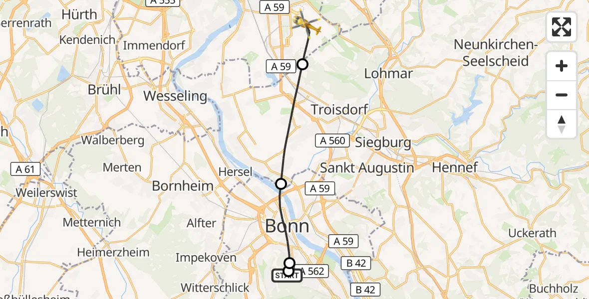 Flugroute Rettungshubschrauber Bonn University Hospital - Köln Bonn Flughafen, 12 Mai 2026, 20:26