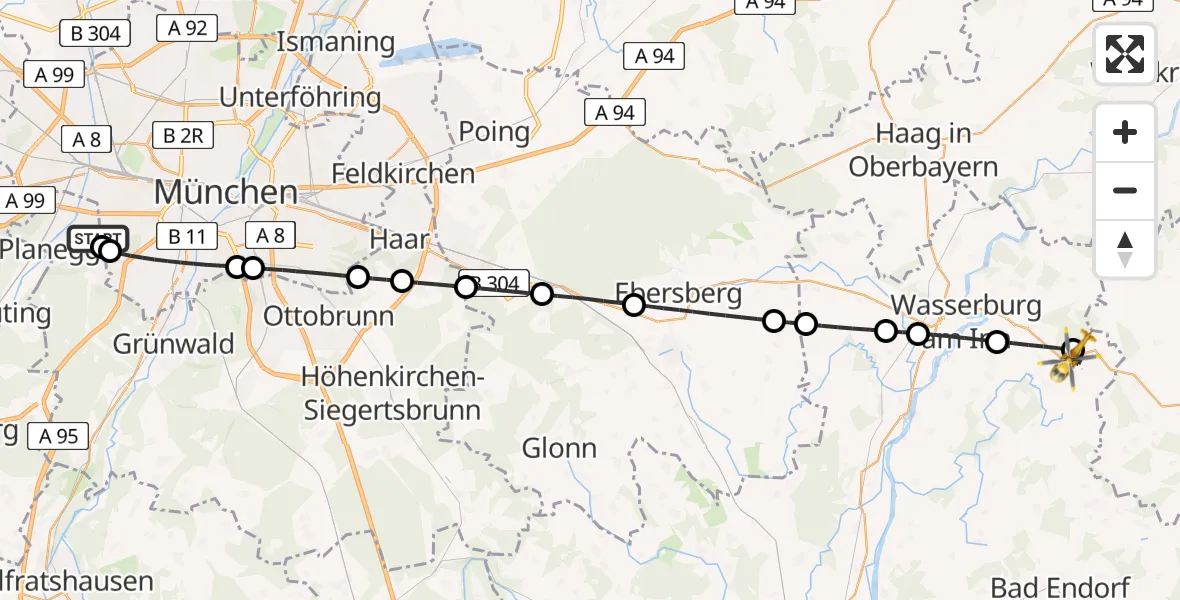 Flugroute Rettungshubschrauber DRF Air Rescue München Hubschrauberlandeplatz - Amerang, 12 Mai 2026, 20:44