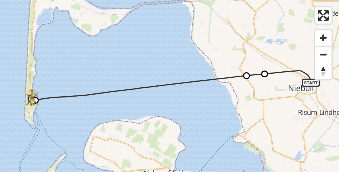 Flugroute Rettungshubschrauber Niebüll - Hörnum (Sylt), 12 Mai 2026, 20:53
