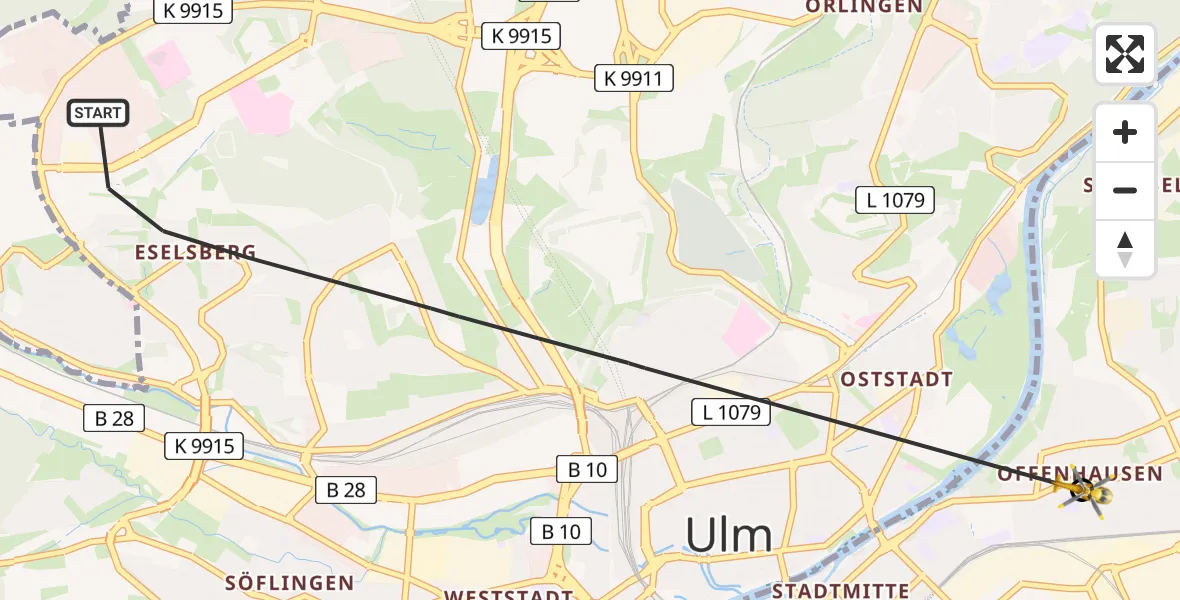 Flugroute Rettungshubschrauber Ulm - Neu-Ulm, 12 Mai 2026, 21:03