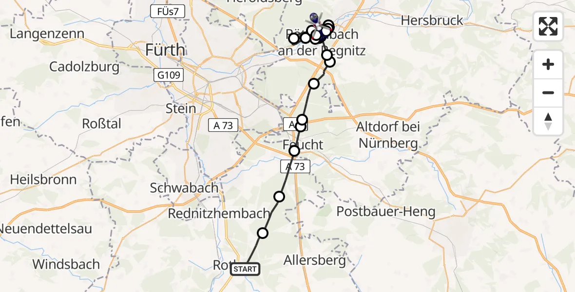 Flugroute Polizeihubschrauber Roth - Rückersdorf, 12 Mai 2026, 21:06