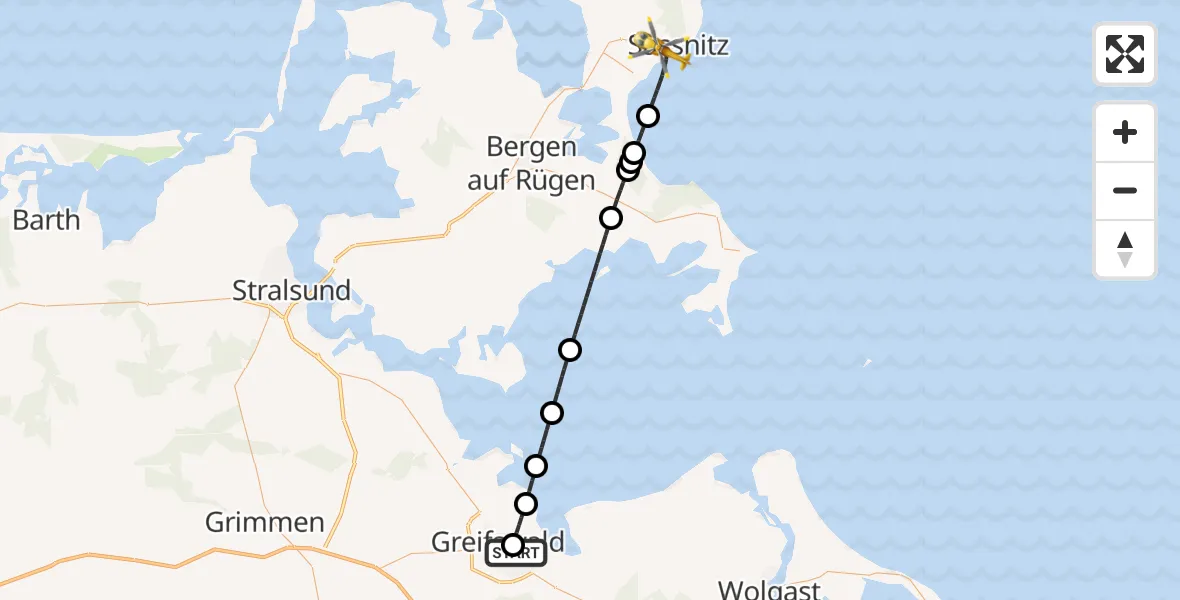 Flugroute Rettungshubschrauber Greifswald Hospital - Sassnitz, 12 Mai 2026, 21:12