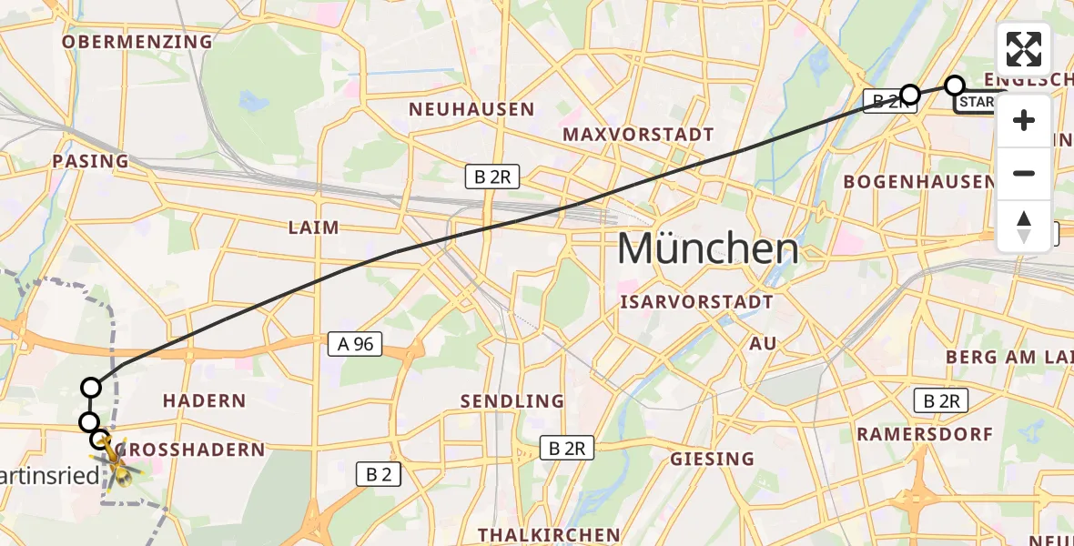 Flugroute Rettungshubschrauber München Bogenhausen Hospital - DRF Air Rescue München Hubschrauberlandeplatz, 12 Mai 2026, 21:20