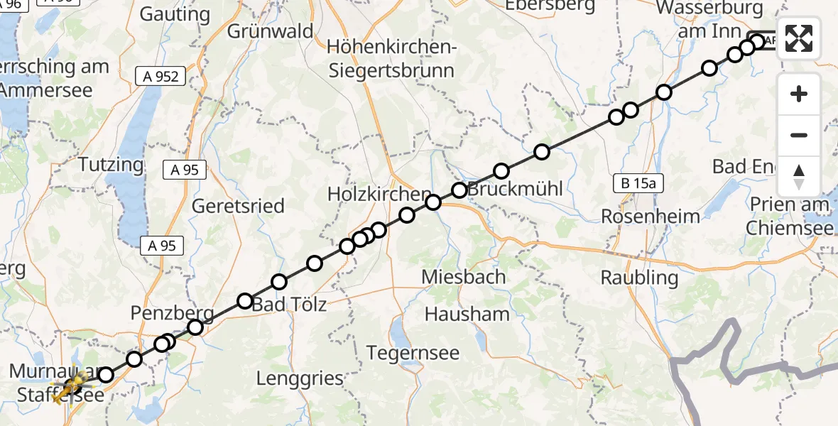 Flugroute Rettungshubschrauber Amerang - Murnau Accident Hospital, 12 Mai 2026, 21:28