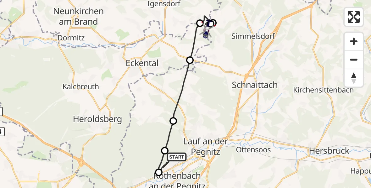 Flugroute Polizeihubschrauber Rückersdorf - Lauf-Lillinghof Flugplatz, 12 Mai 2026, 21:36