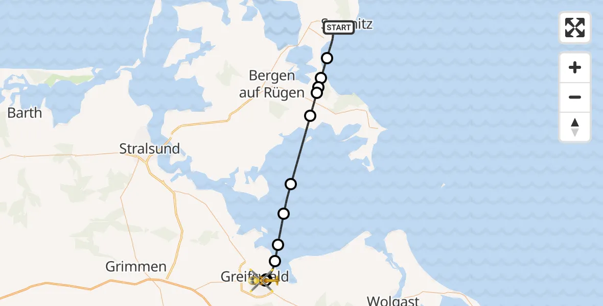 Flugroute Rettungshubschrauber Sassnitz - Greifswald Hospital, 12 Mai 2026, 21:45