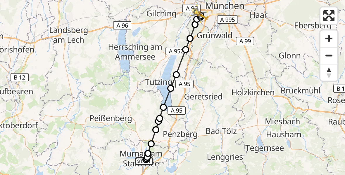 Flugroute Rettungshubschrauber Murnau Accident Hospital - DRF Air Rescue München Hubschrauberlandeplatz, 12 Mai 2026, 22:20