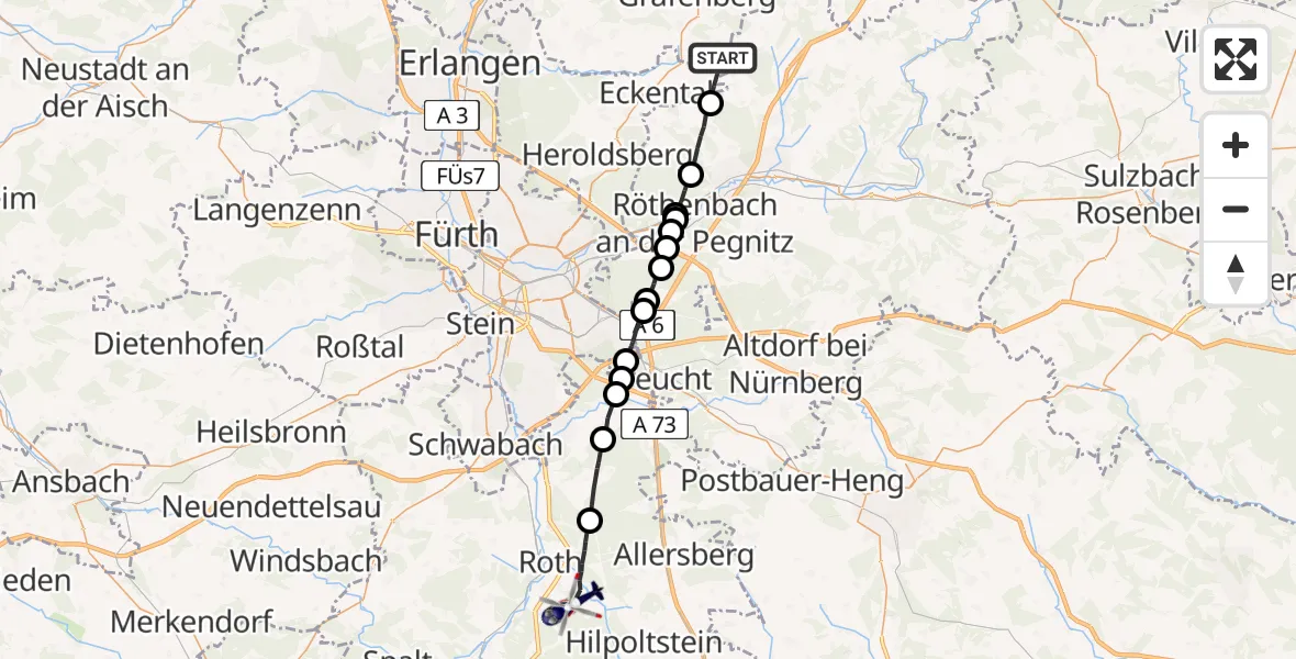 Flugroute Polizeihubschrauber Eckental - Roth, 12 Mai 2026, 22:27