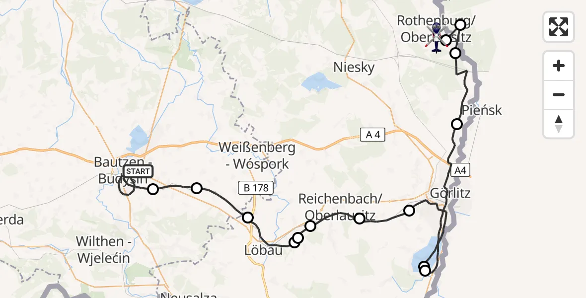 Flugroute Polizeihubschrauber Bautzen - Rothenburg/O.L., 13 Mai 2026, 01:20