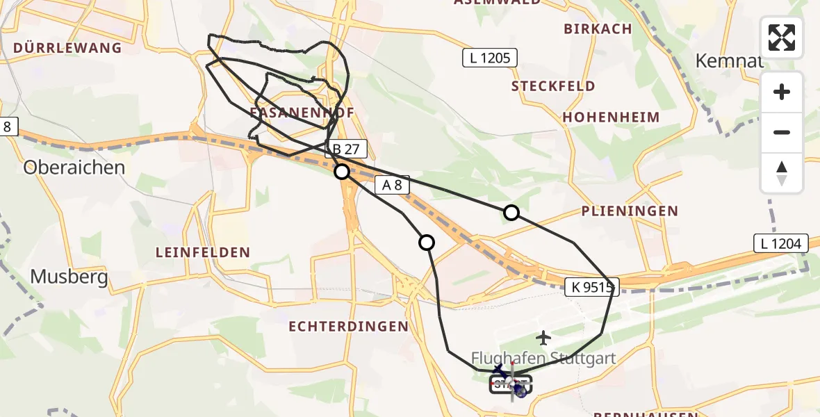 Flugroute Polizeihubschrauber Flughafen Stuttgart - Flughafen Stuttgart, 13 Mai 2026, 02:39