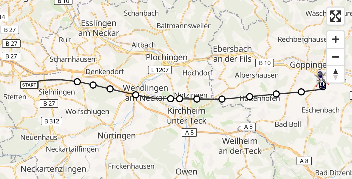 Flugroute Polizeihubschrauber Flughafen Stuttgart - Göppingen, 13 Mai 2026, 04:59