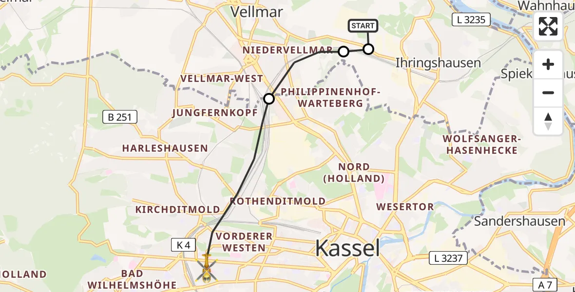 Flugroute Rettungshubschrauber Fuldatal Bundespolizei Hubschrauberlandeplatz - Kassel, 13 Mai 2026, 05:01