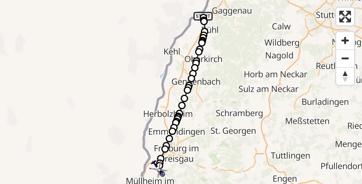 Flugroute Polizeihubschrauber Karlsruhe Baden-Baden Flughafen - Bad Krozingen, 13 Mai 2026, 05:28