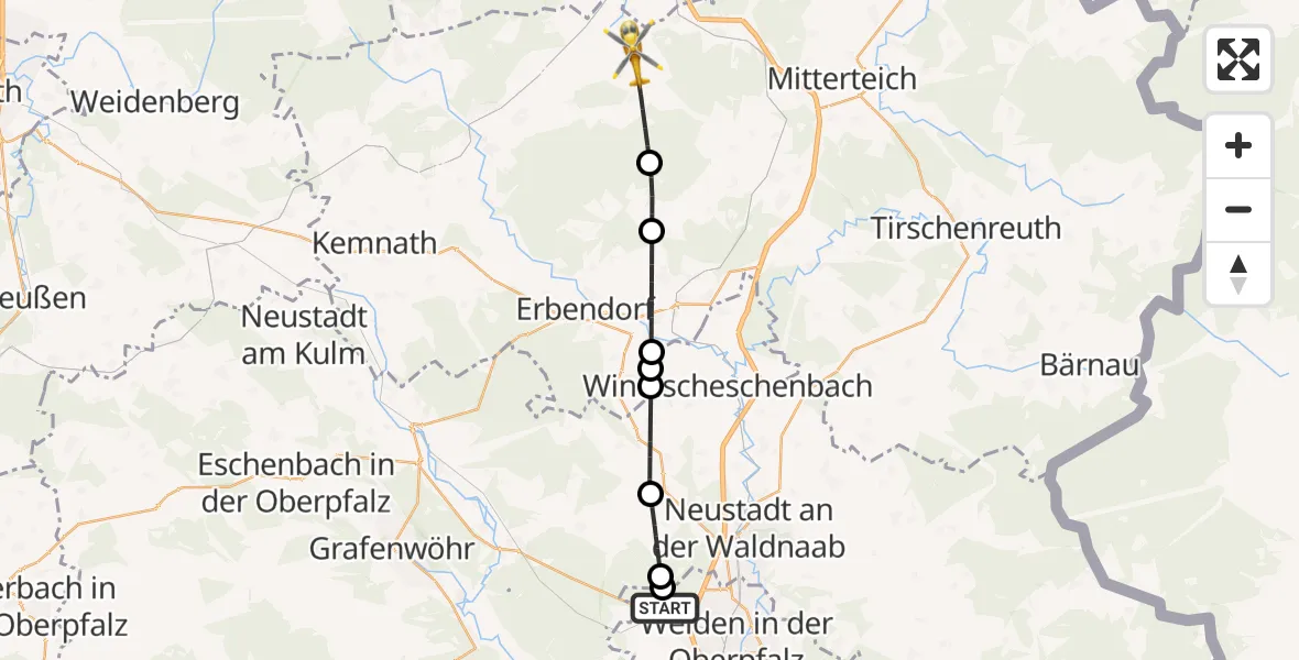 Flugroute Rettungshubschrauber Weiden i.d.OPf. - Waldershof, 13 Mai 2026, 06:00
