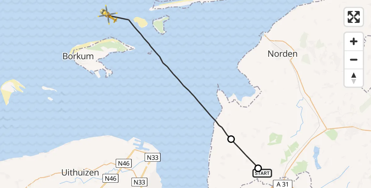 Flugroute Ambulanzhubschrauber Hinte - Noordzee, 13 Mai 2026, 06:10