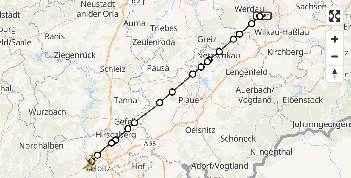 Flugroute Rettungshubschrauber ADAC Air Rescue Station Zwickau Hubschrauberlandeplatz - Naila, 13 Mai 2026, 06:17