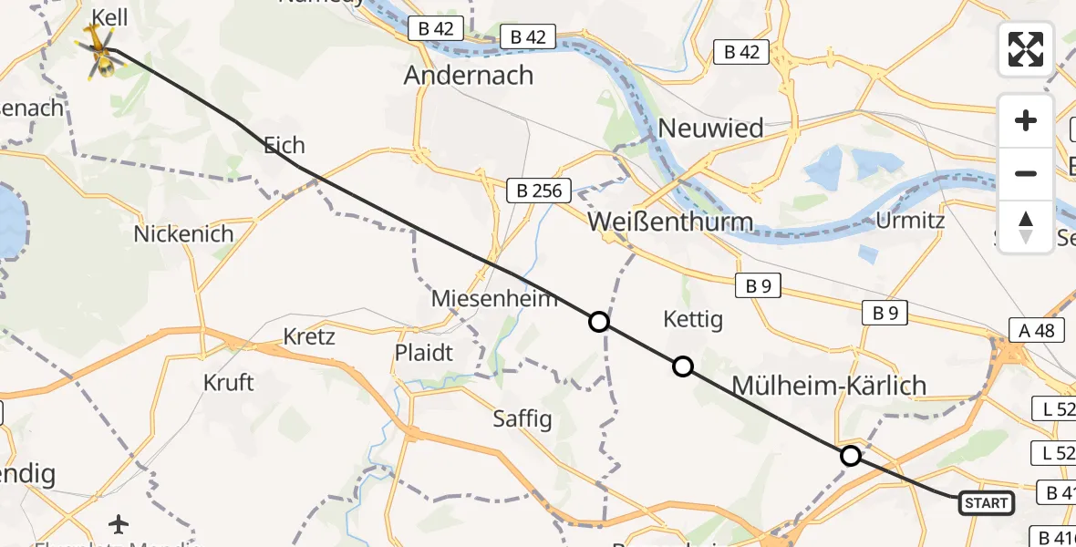 Flugroute Rettungshubschrauber Koblenz - Andernach, 13 Mai 2026, 06:22