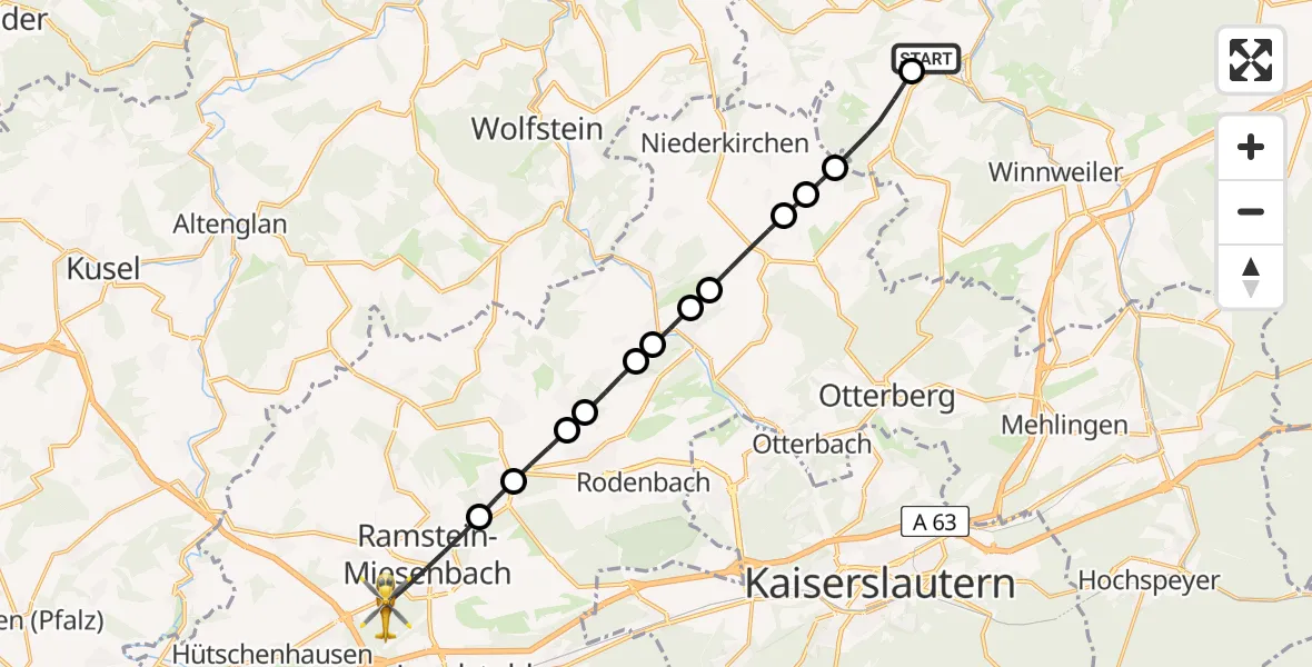 Flugroute Rettungshubschrauber Imsweiler UL - Ramstein-Miesenbach, 13 Mai 2026, 06:23