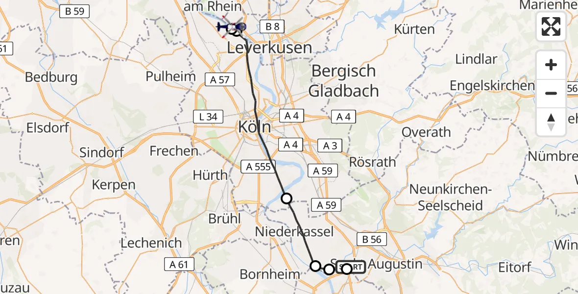 Flugroute Polizeihubschrauber Sankt Augustin - Leverkusen, 13 Mai 2026, 06:29