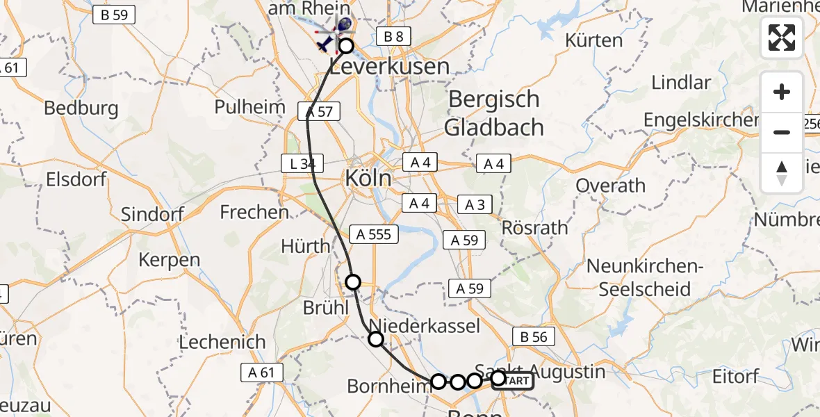 Flugroute Polizeihubschrauber Sankt Augustin - Leverkusen, 13 Mai 2026, 06:30
