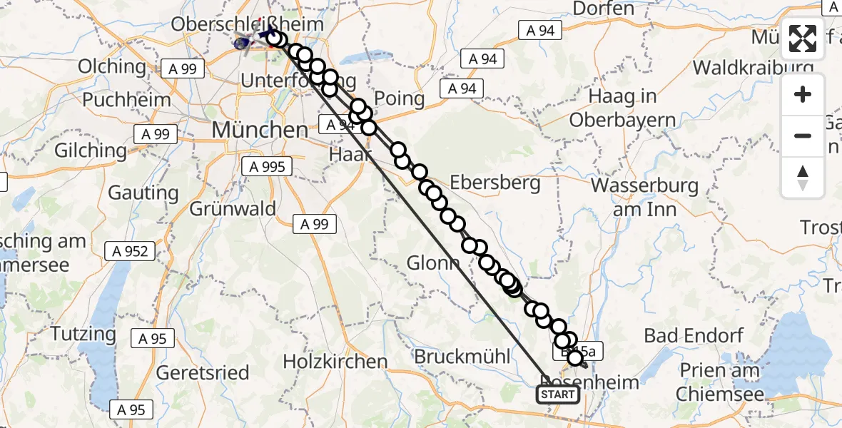 Flugroute Polizeihubschrauber Kolbermoor - Oberschleissheim Hubschrauberlandeplatz, 13 Mai 2026, 06:41