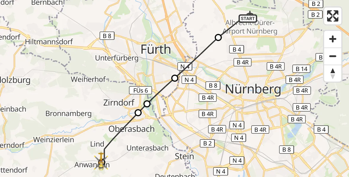 Flugroute Ambulanzhubschrauber Flughafen Nuremberg - Zirndorf, 13 Mai 2026, 06:41