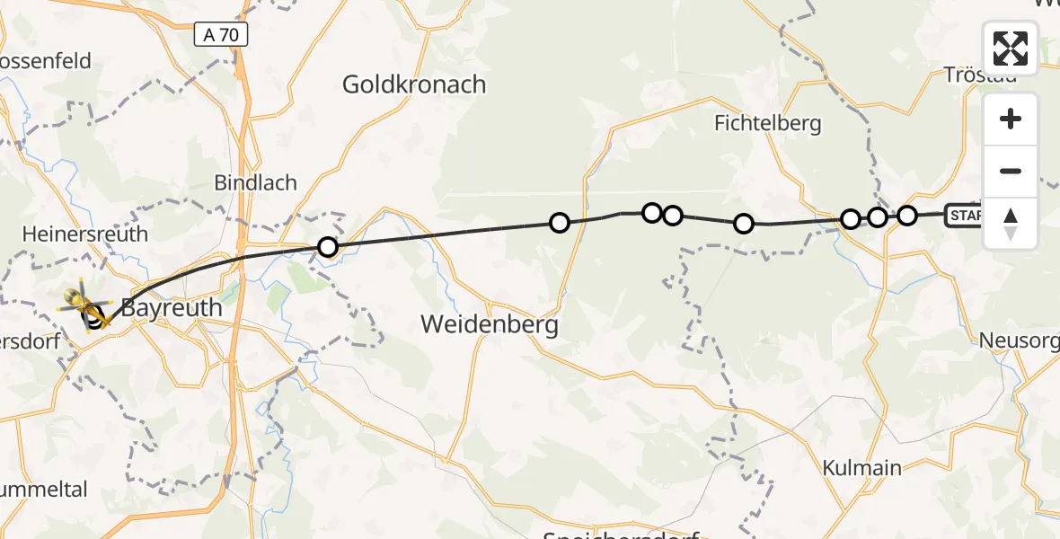 Flugroute Rettungshubschrauber Ebnath - Bayreuth Hospital, 13 Mai 2026, 06:42