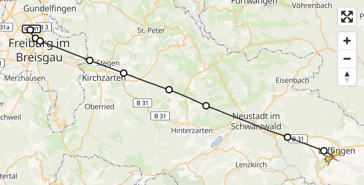 Flugroute Rettungshubschrauber Freiburg im Breisgau Flugplatz - Löffingen, 13 Mai 2026, 06:43