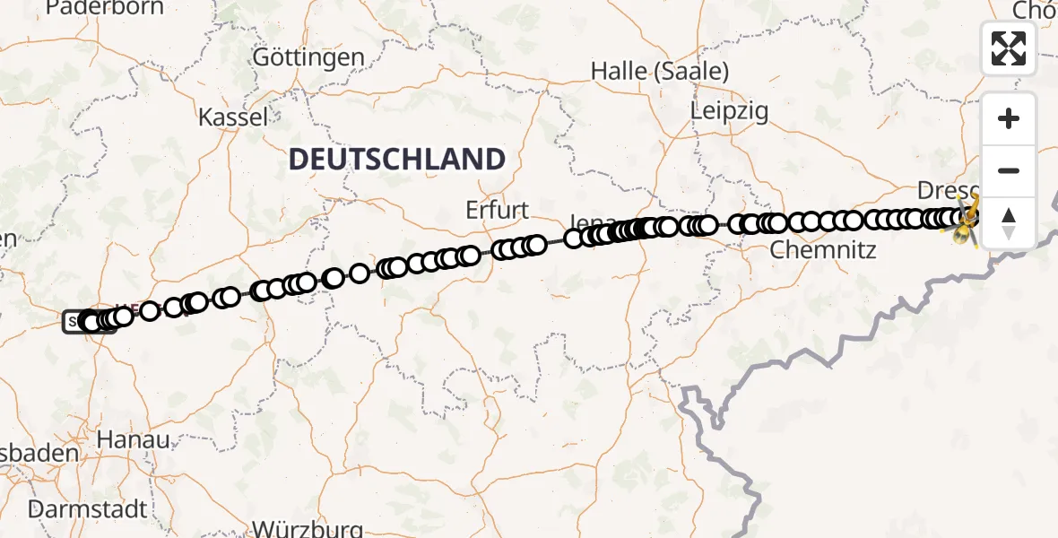 Flugroute Rettungshubschrauber Gießen University Hospital - Bavaria Hospital Kreischa, 13 Mai 2026, 06:45