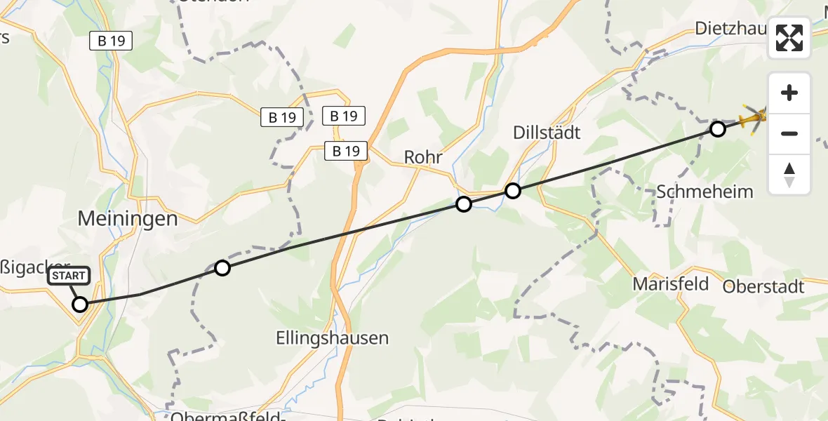 Flugroute Rettungshubschrauber Helios Clinic Meiningen - Schmeheim, 13 Mai 2026, 06:53