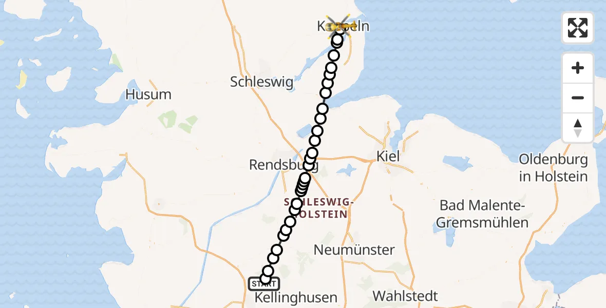 Flugroute Rettungshubschrauber Itzehoe Hungriger Wolf Flugplatz - Kappeln, 13 Mai 2026, 06:54
