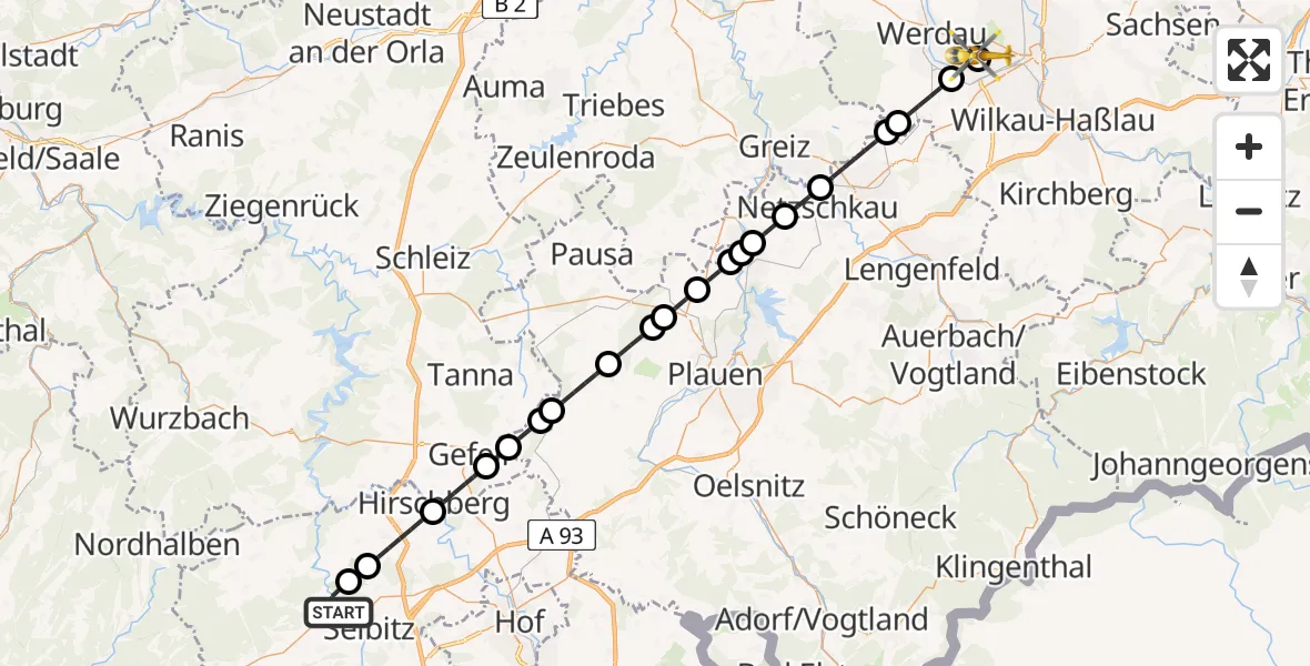 Flugroute Rettungshubschrauber Naila - ADAC Air Rescue Station Zwickau Hubschrauberlandeplatz, 13 Mai 2026, 06:59
