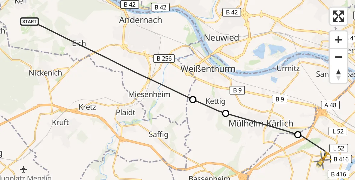 Flugroute Rettungshubschrauber Andernach - Koblenz, 13 Mai 2026, 06:59
