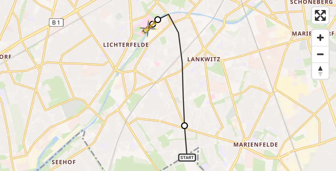 Flugroute Rettungshubschrauber Großbeeren - Charité Clinic Benjamin Franklin Campus, 13 Mai 2026, 07:00