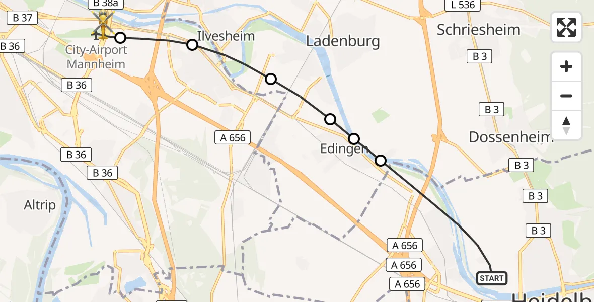 Flugroute Rettungshubschrauber Heidelberg - Mannheim-City Flughafen, 13 Mai 2026, 07:02
