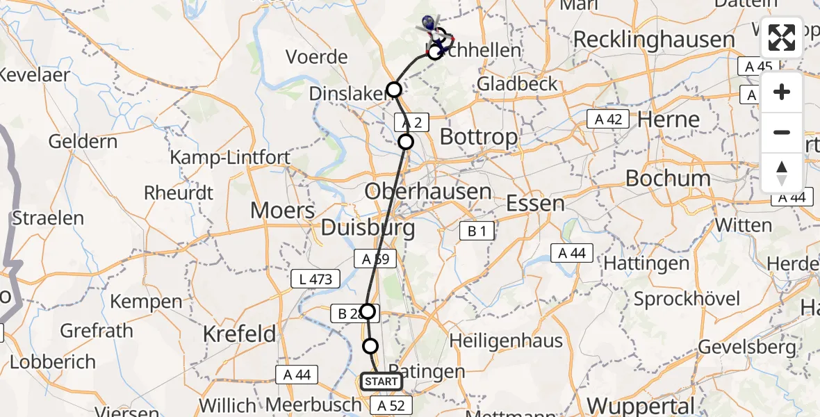 Flugroute Polizeihubschrauber Düsseldorf Flughafen - Dinslaken-Schwarze Heide Flugplatz, 13 Mai 2026, 07:04